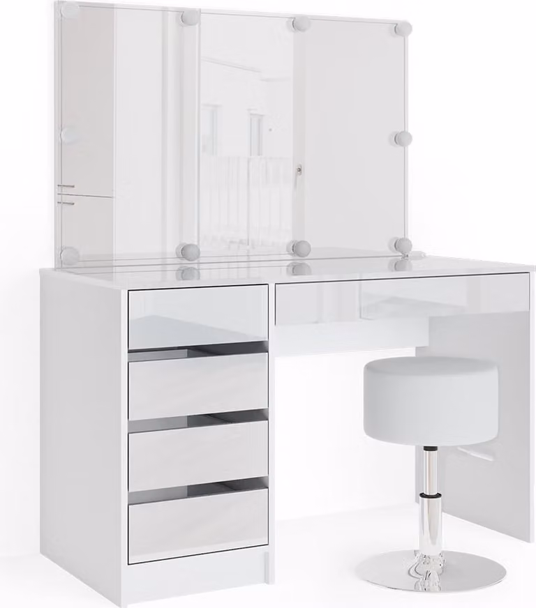 Vicco Kaptafelset Sherry Wit met Spiegel, LED-lichtslinger en Kruk, Breedte: 120 cm
