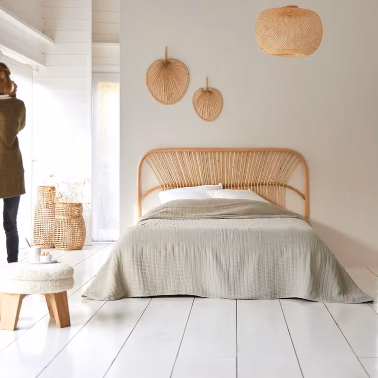 Tikamoon Hoofdbord Colonial van Rattan en Massief Hout - Beige - Breedte: 160 cm