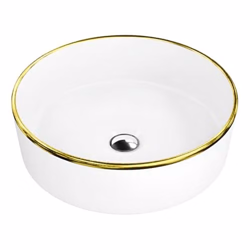 Lavita Merida Gold Line Opzetwastafel - Ronde Porseleinen Wastafel zonder Overloop en Kraangat - Wit/Goud - B/D/H: 37 x 37 x 12 cm