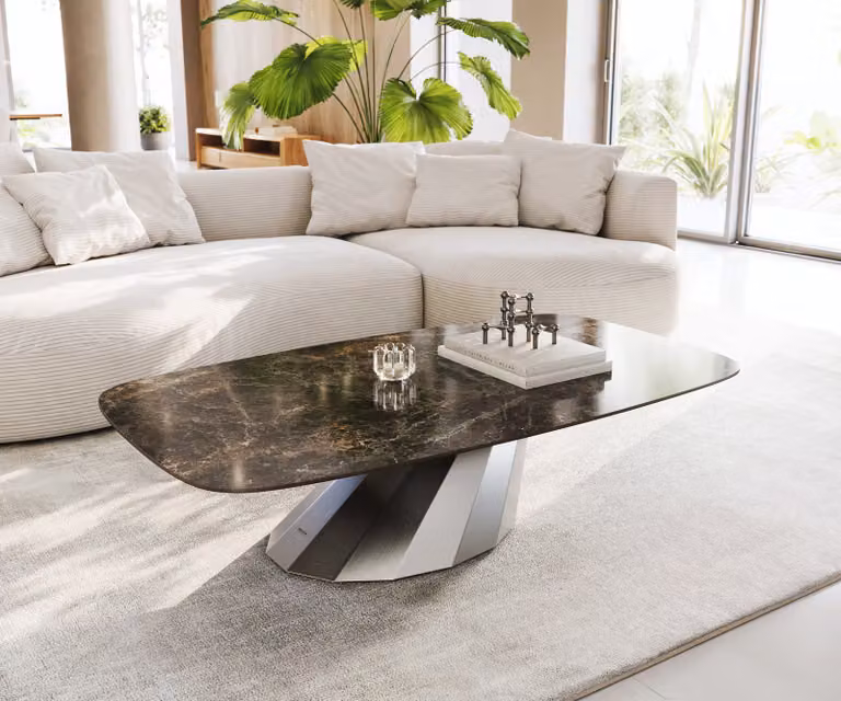 DELIFE Salontafel Edge met keramiek en roestvrij staal, Emperador Extra Lucidato donkerbruin, B: 140 cm, D: 80 cm, H: 33 cm