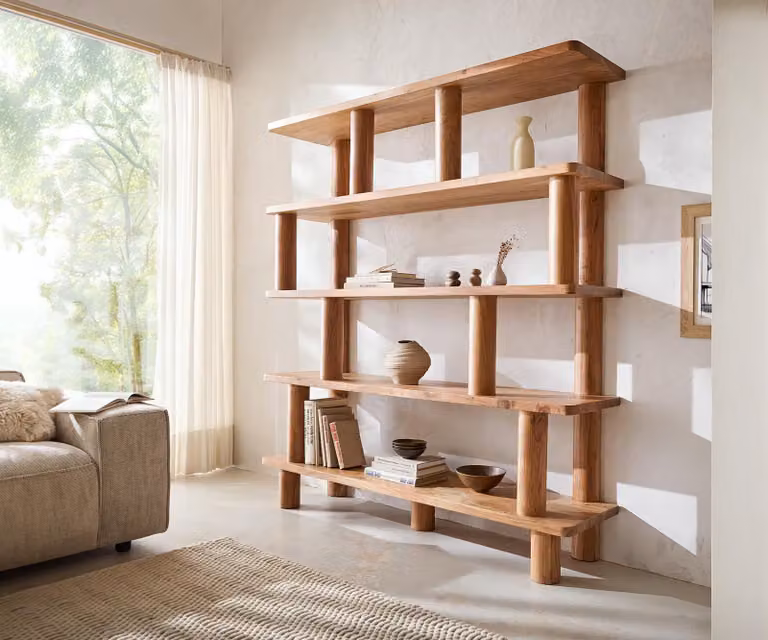 DELIFE Staande kast Accra, Acacia hout, Bruin, H 170 x B 133 x D 40 cm, 8 compartimenten