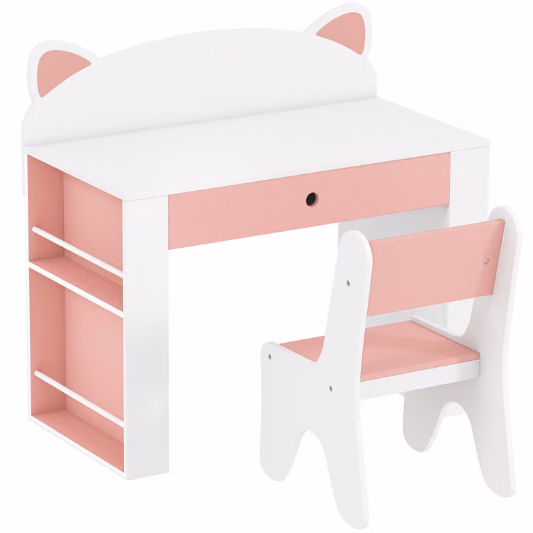 AIYAPLAY Kindertafel en stoelset met lade en boekenrek, wit/roze