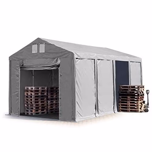 TOOLPORT Opslagtent 4x8 m in grijs PVC, 850 N waterdichte industrietent met 3m zijwandhoogte en ophijsbare deur