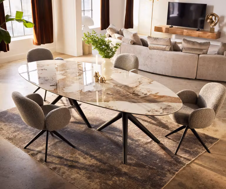 DELIFE Eettafel Edge Oval Minas Melange wit-beige keramiek met zwart metalen onderstel, B/D/H: 280 x 130 x 76 cm