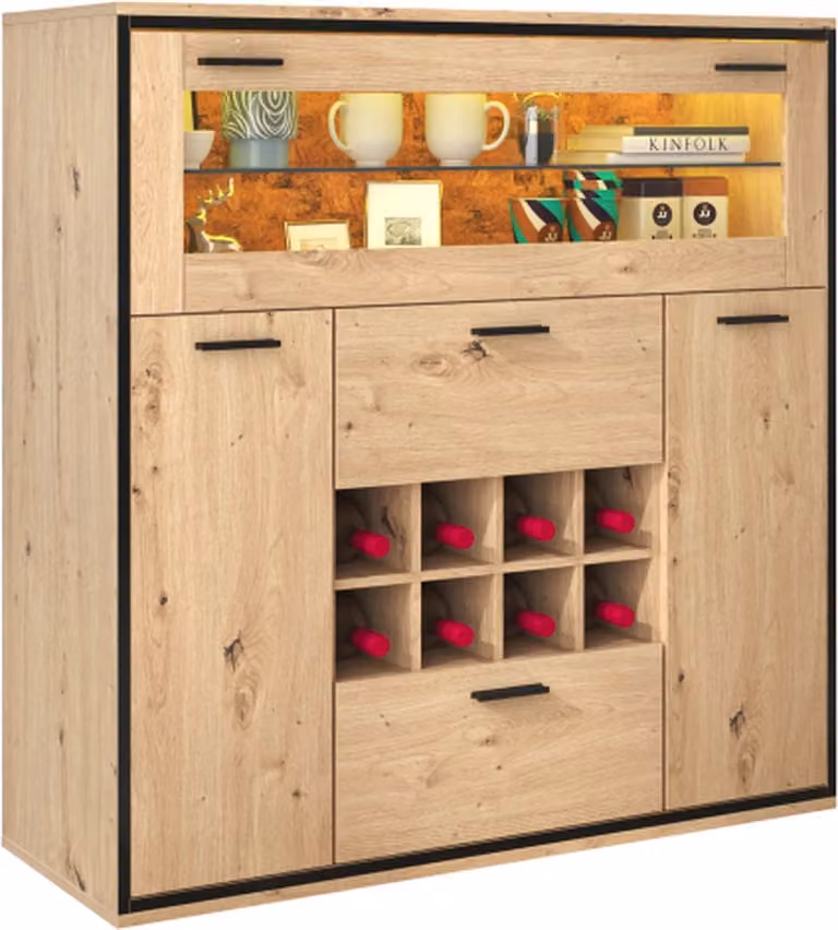 Elegante wijnkast met dubbele deuren, glazen plank en geïntegreerde verlichting