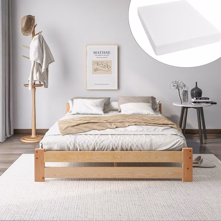 Sweiko Massief Houten Futonbed met Matrassen, Hoofdeinde en Lattenbod, Natuurlijk, B/D/H: 140 x 200 cm