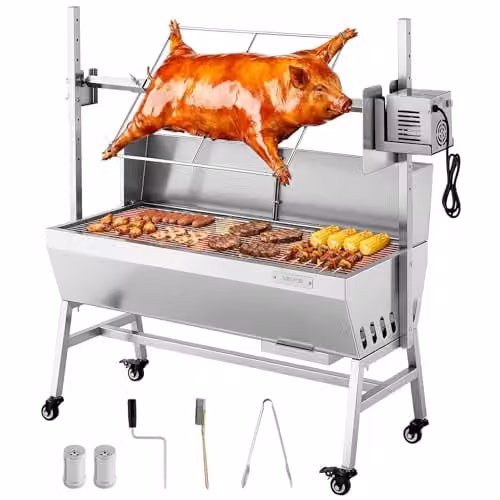 VEVOR Elektrische Rotisserie Grill van roestvrij staal met wielen, zilver
