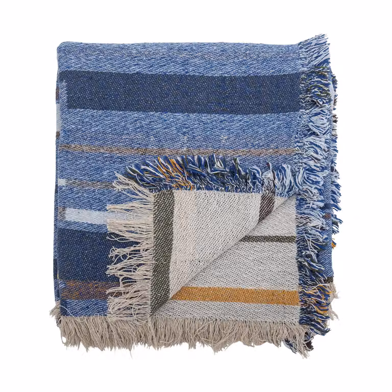 Bloomingville Toscana plaid blauw geruit van wol, Breedte: 130 cm, Diepte: 160 cm