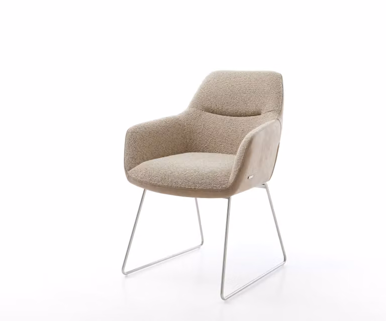 DELIFE Eetkamerstoel Pejo-Flex met armleuningen en cantilever onderstel in beige, bruin en zilver met microfibre en boucle bekleding