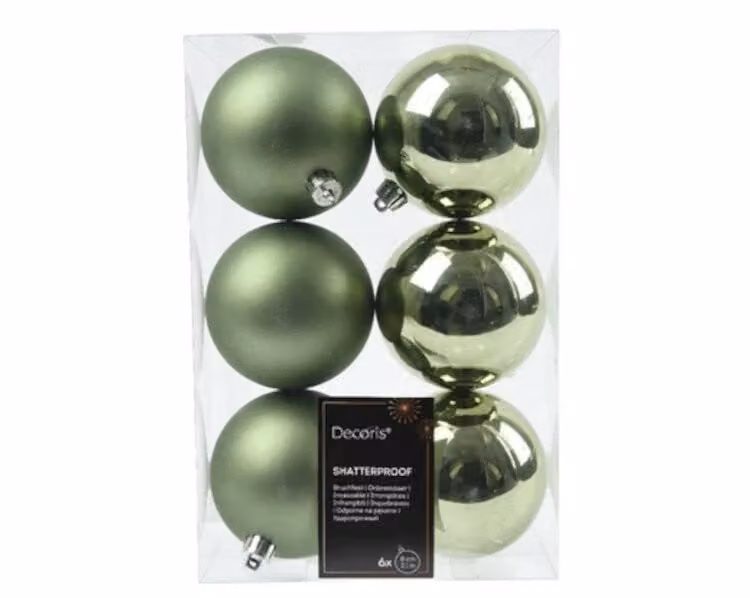Decoris Set van 6 onbreekbare kerstballen rosemarijn, diameter 8 cm