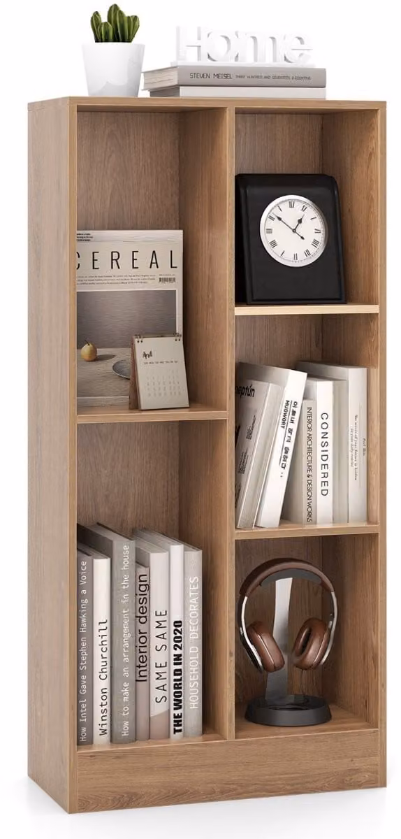 SureDeal Boekenkast met 5 vakken en achterpaneel, staand kubusrek voor woonkamer, slaapkamer of kantoor, Natuur, H x B x D: 104 x 50 x 24 cm
