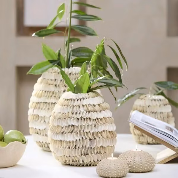 Light en Living SARRIA decoratieve vaas met bamboe en schelp beige B: 33 cm, H: 35 cm
