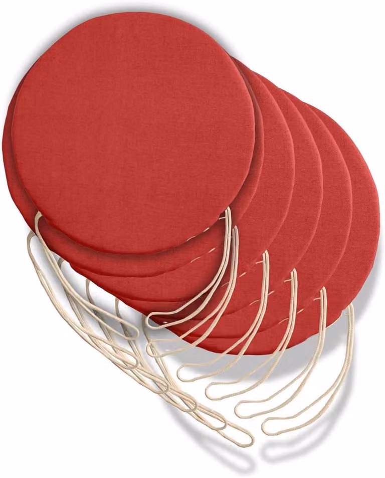 Set van 6 ronde zitkussens voor keukenstoelen met afneembare hoes, Rood, Diameter: 35 cm