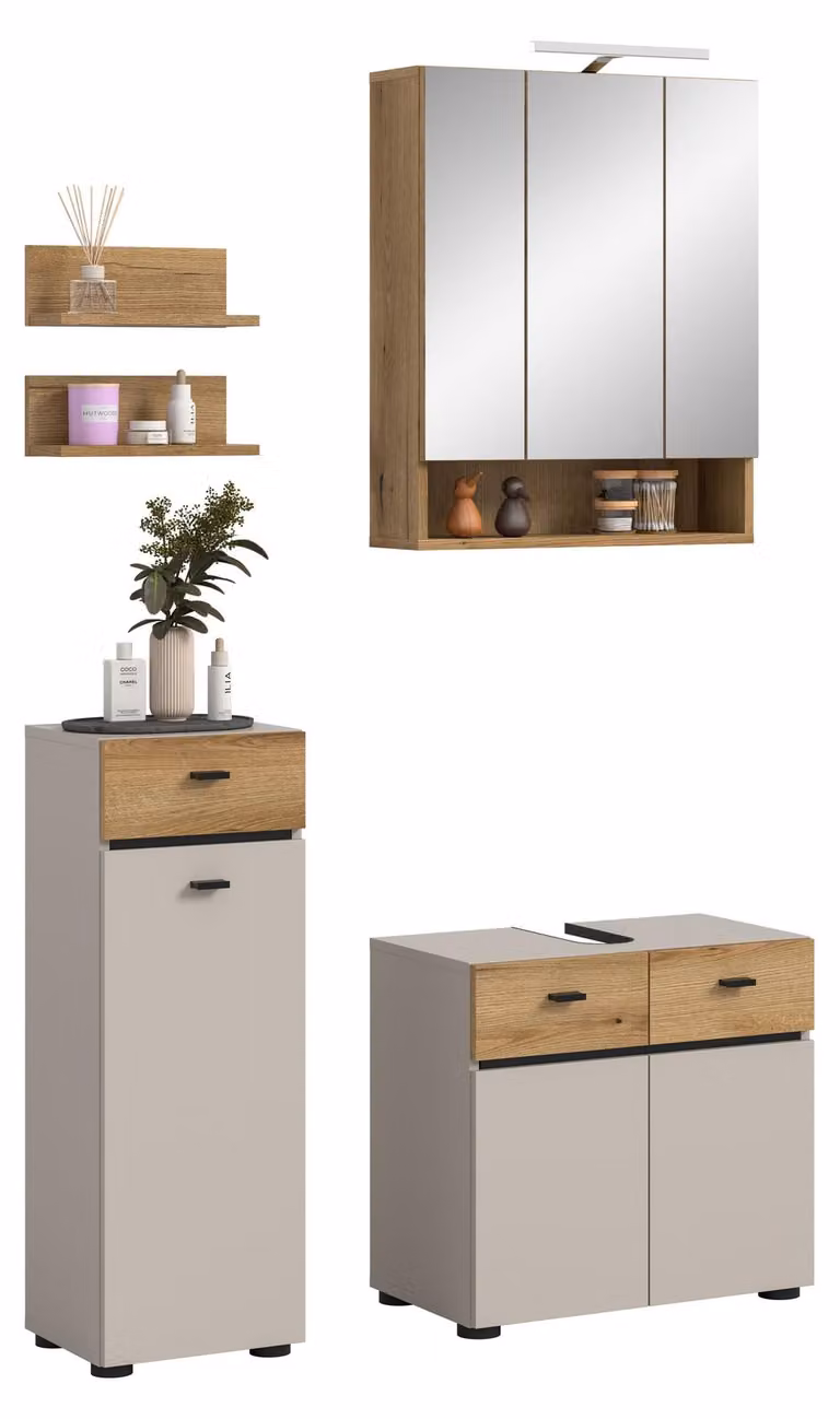 Xonox Badkamercombinatie Aqua Kaschmir met LED-verlichting, Beige, B: 107 cm, H: 191 cm, D: 35 cm