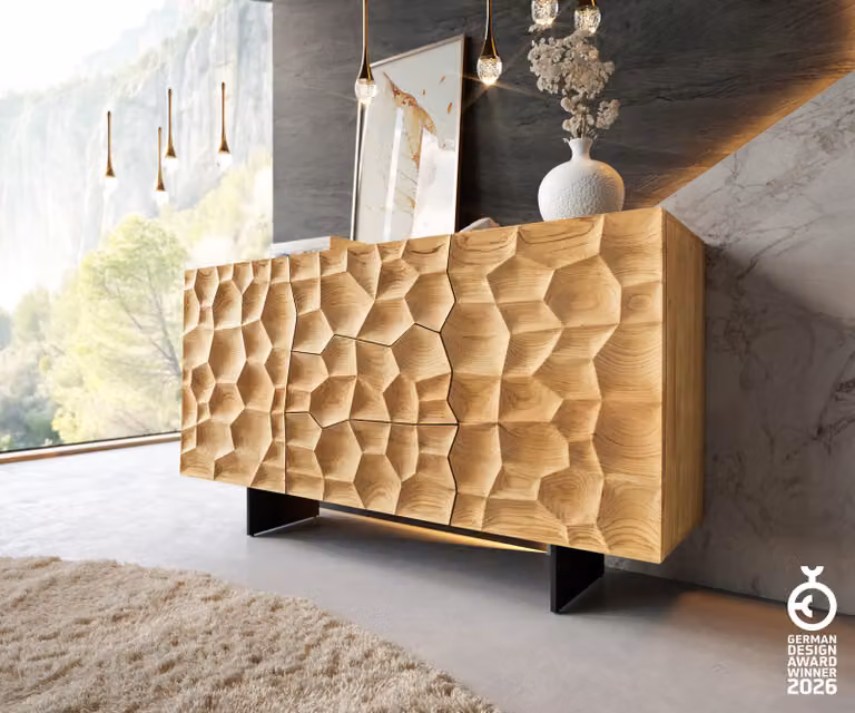 DELIFE Dressoir Solu Natuur Eiken en Zwart, 145 cm, 2 Deuren en 3 Laden met Zwevend Metaal Onderstel