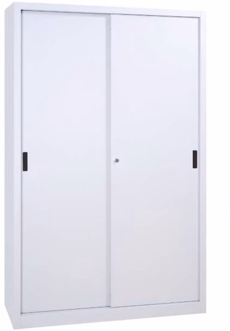 Lichtgrijze metalen schuifdeurkast voor kantoor of thuis, B/D/H: 120 x 45 x 195 cm
