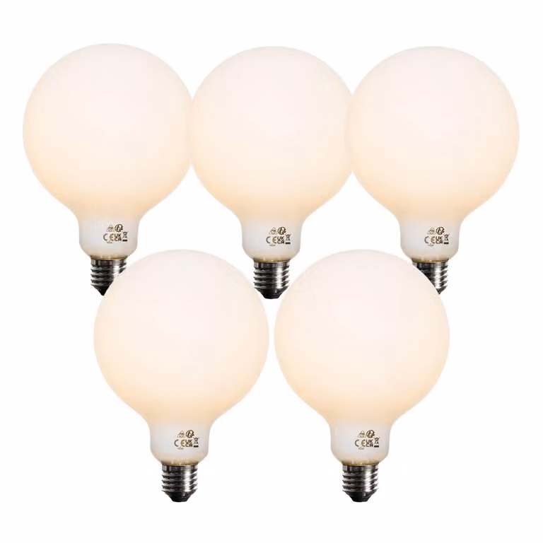 LUEDD Set van 5 E27 dimbare LED globe lampen, wit glas, 5W, 2700K warm wit, 450 lm