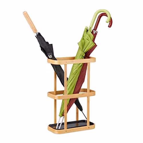Relaxdays Paraplubak van bamboe en metaal met afneembare lekbak, beige, H 45 cm x B 29,5 cm x D 15 cm