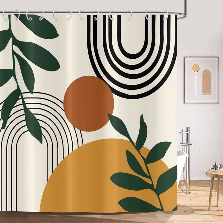 Waterdicht Douchegordijn Boho Stijl met Abstracte Zon en Bladeren, Polyester, Multicolour, B: 200 cm, H: 180 cm