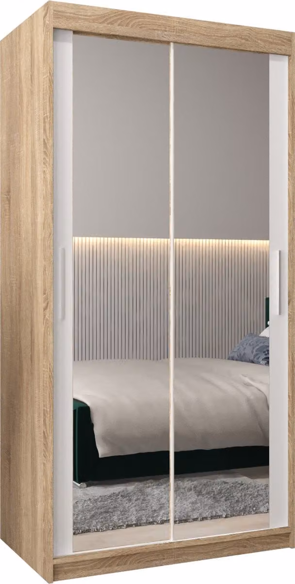 InspireMe TORM III Kledingkast met 2 schuifdeuren en 2 lades, Sonoma Eik + Wit Mat, B/D/H: 100 x 62 x 200 cm