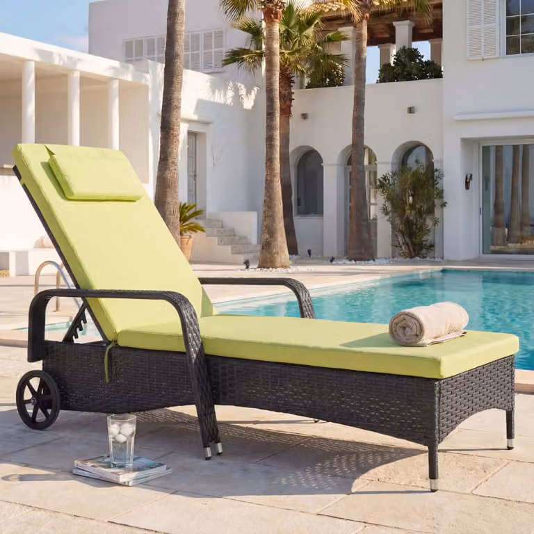 Mendler Poly-Rattan ligbed Carrara relaxstoel voor de tuin met aluminium frame in antraciet en lichtgroen kussen