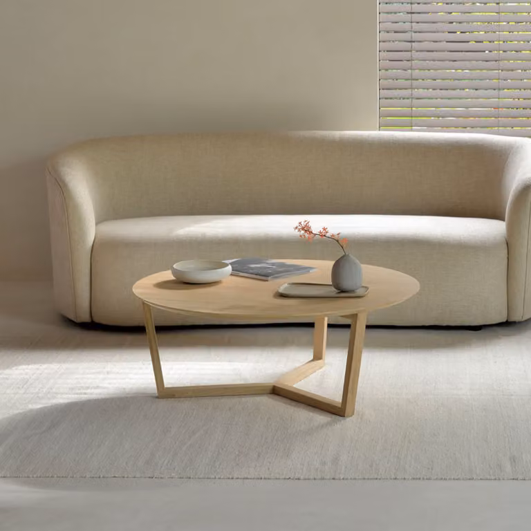 Ethnicraft Ronde Salontafel Tripod van Gevernist Eikenhout, Naturel, Diameter: 96 cm, Hoogte: 36 cm