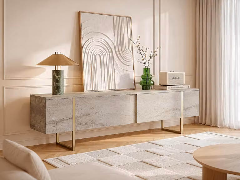 Skye Decor Luxe TV-meubel in beige travertinlook en goud, B/D/H: 180 x 50 x 30 cm