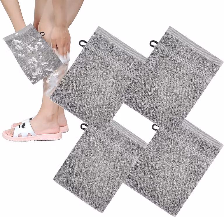 Set van 4 lichtgrijze Body Mitt Washandjes voor dagelijkse gezichtsreiniging en lichaamsverzorging