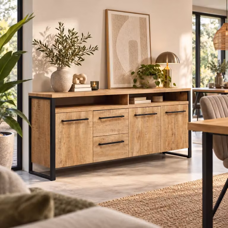 WoonMax Dressoir Carriba Mango Bruin - 3 Deuren en 2 Lades - Breedte: 210 cm