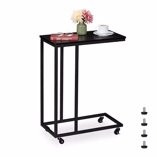 Relaxdays Bijzettafel u-vorm met wielen, zwart, H 79 x B 60 x D 30 cm