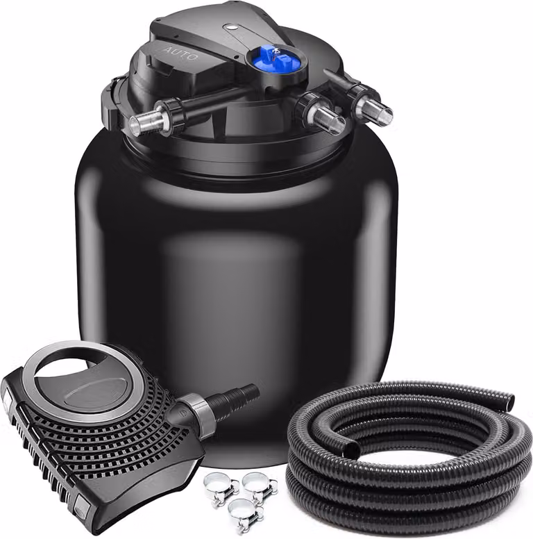 SunSun Complete set: CPA-50000 vijverfilter voor vijvers tot 100.000 liter inclusief 55 Watt UV-C vijverontsmettingsapparaat, NEO10000 SuperECO vijverpomp (10.000 l/u, 80W), 10 meter vijverslang (38 mm) en slangklemmen W1 (44-47 mm)