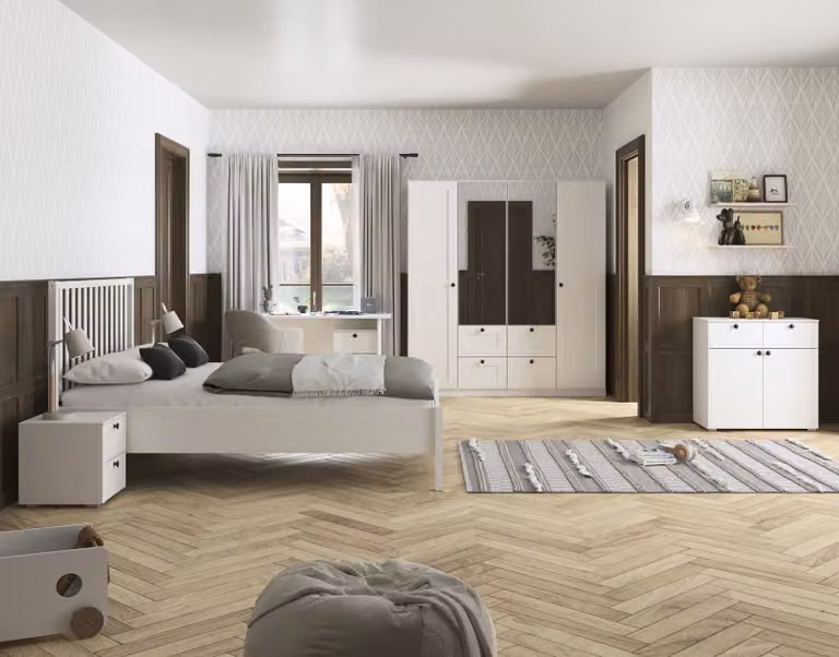 home24 Skagen Set voor tienerkamer, 5-delig, wit met spiegeldeur, 140 x 200 cm