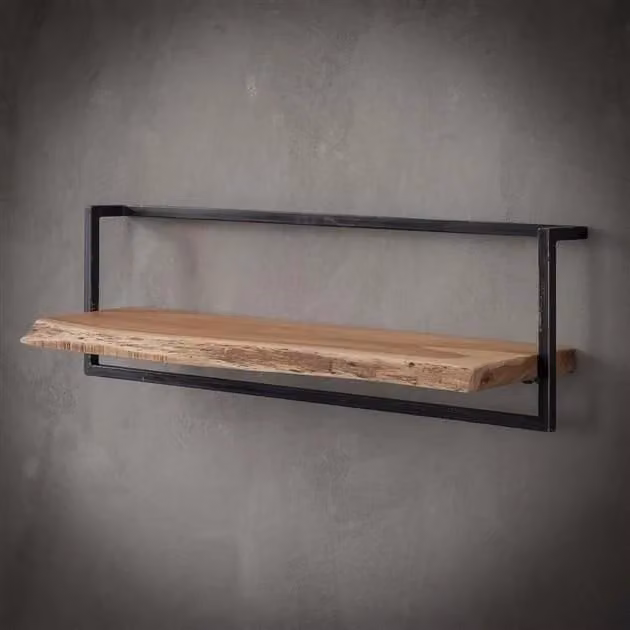 WoonStijl Wandplank Acaciahout en Staal - Bruin/Zwart - B: 100 cm, D: 30 cm, H: 25 cm