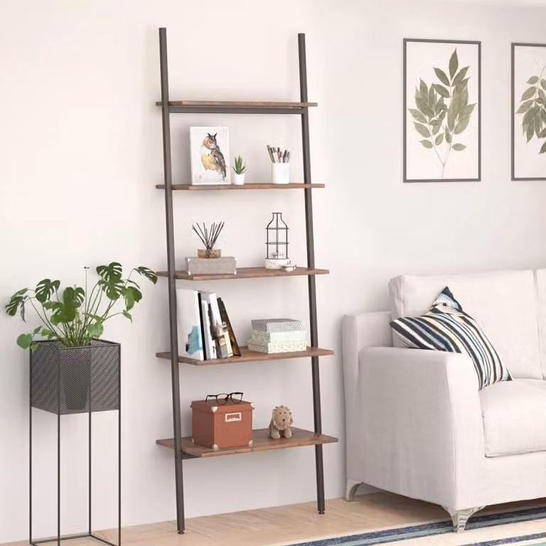 Ladderrek met planken en stalen frame - Plantenstandaard - Donkerbruin zwart - B/D/H: 64 x 34 x 185,5 cm