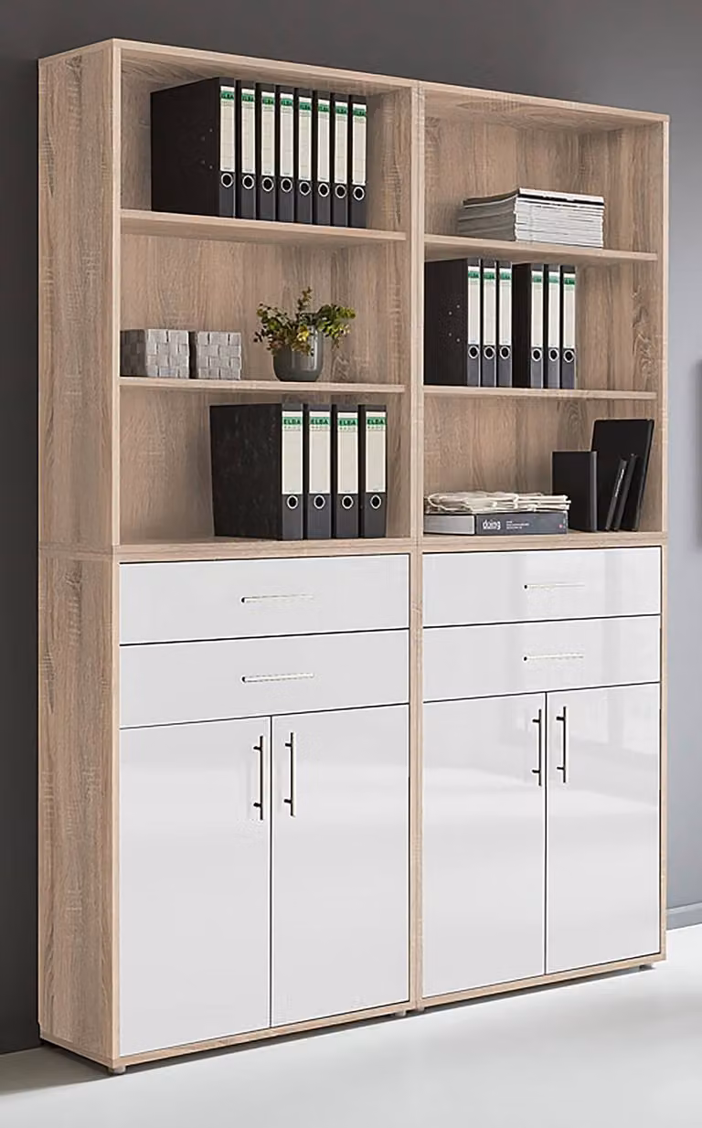 home24 Kastenset 4-delig set A, bruin en wit, Sonoma eikenhout look en hoogglans wit, B/D/H: 114 x 33 x 85 cm