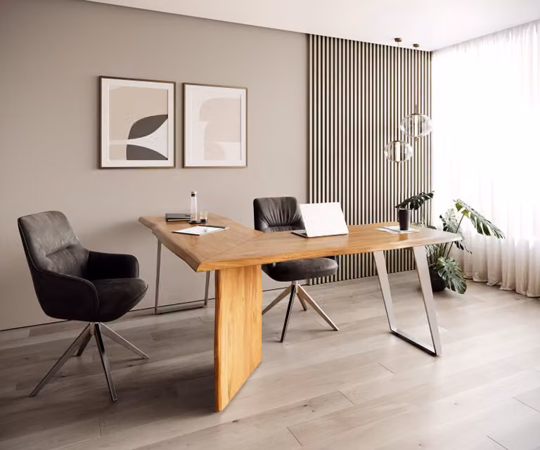DELIFE Bureautafel Live-Edge Acacia met Zilver Frame, Bruin, B: 170 cm, D: 170 cm, H: 79 cm