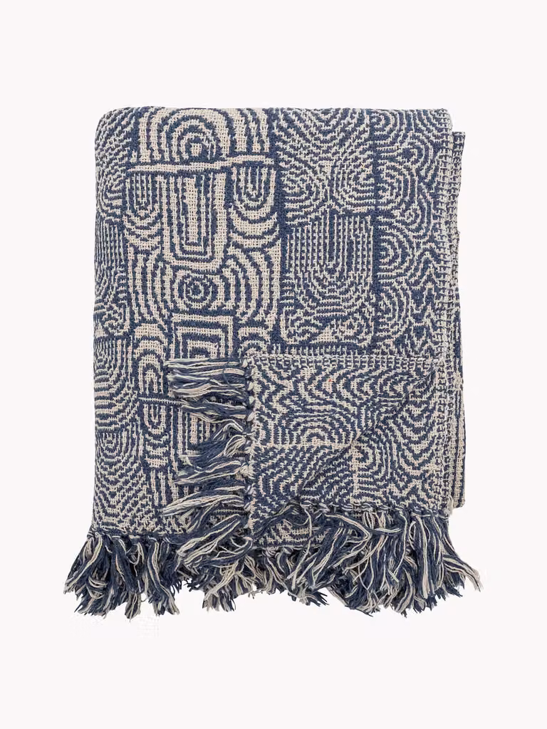 Bloomingville Bresso Plaid met franjes Blauw/Wit, 130 x 160 cm