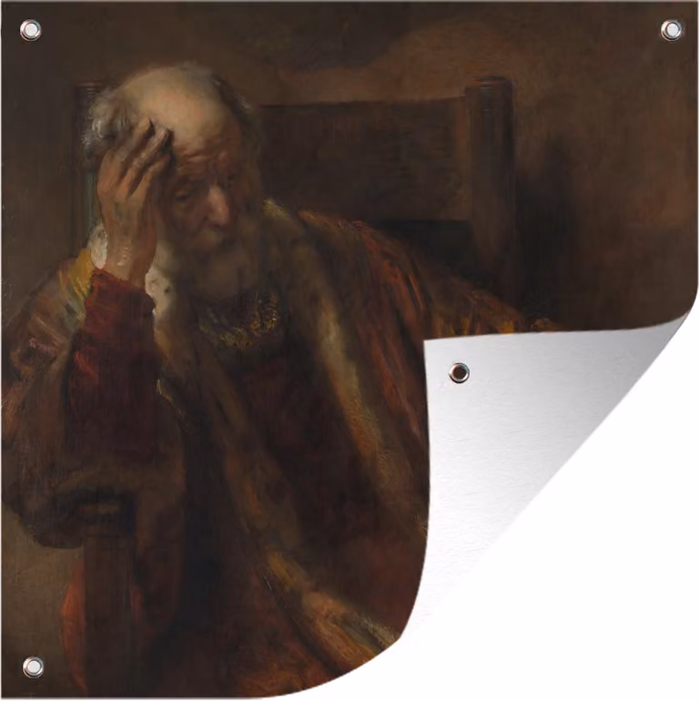 Tuindecoratie Rembrandt van Rijn Oude man in een leuningstoel - Tuinposter voor buiten - 50 x 50 cm