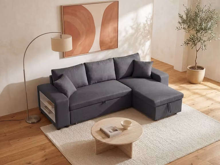 Vente-unique SELIM Omkeerbare hoekslaapbank van stof met opbergruimte en poefs - Antraciet - B/D/H: 240 x 102 x 84 cm