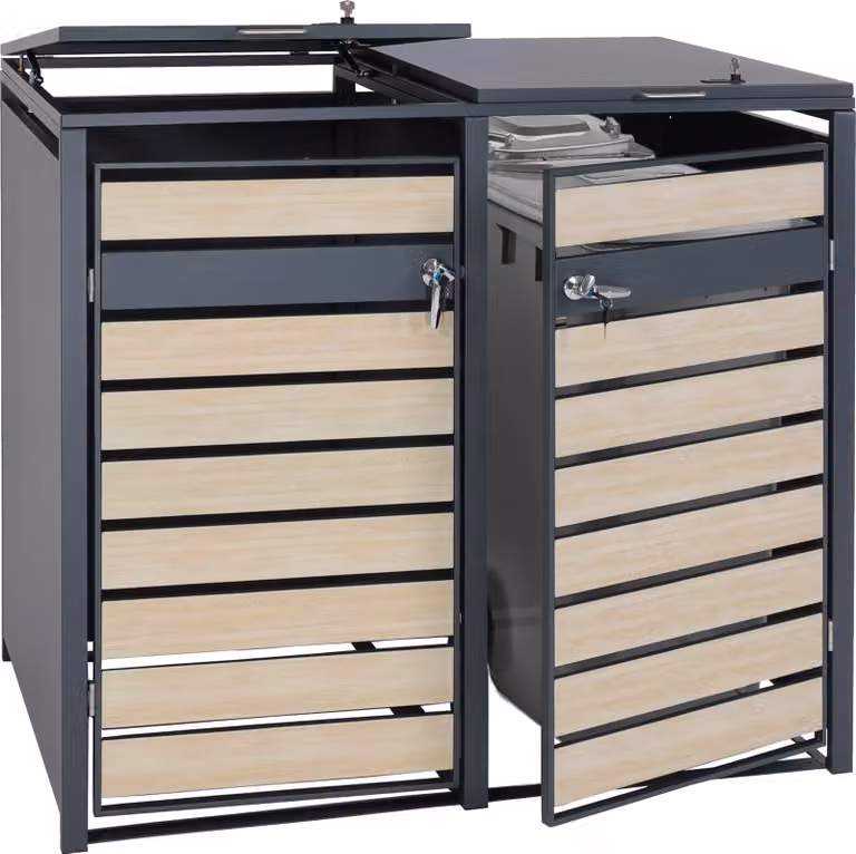 Mendler Vuilnisbakbox HWC-J81 XL voor 2 of 4 vuilnisbakken, Antraciet met lichtbruine beukenhoutlook, Metaal