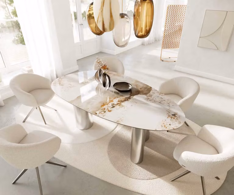 DELIFE Eettafel Edge ovaal Keramiek Minas Melange wit-beige met roestvrij stalen pilier B/D/H: 220 x 120 x 75 cm
