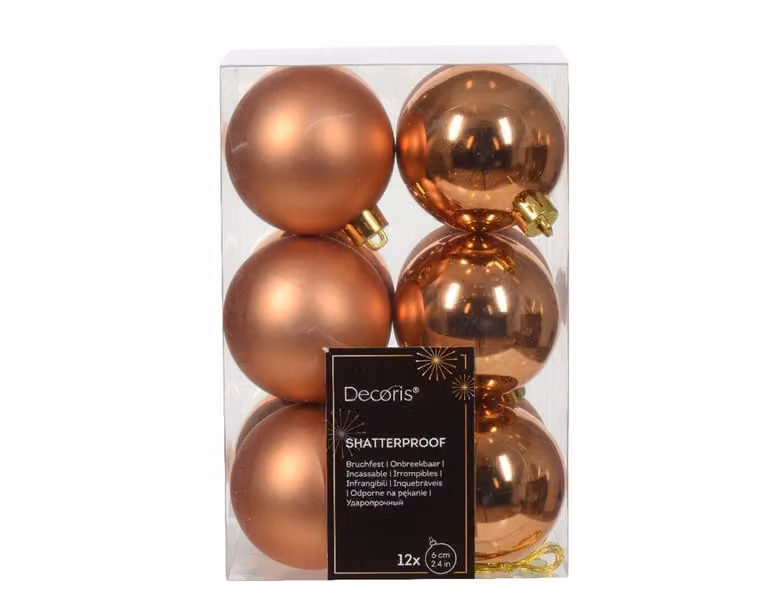Decoris 12 onbreekbare kerstballen rood koper, diameter: 6 cm