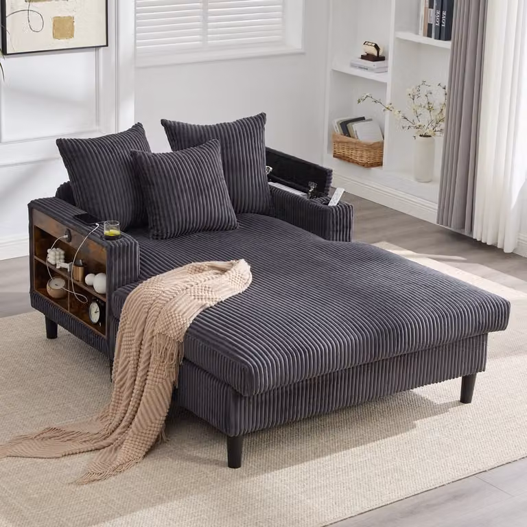 REDOM Chaise Longue met Opbergruimte, USB-laadpoort en LED-verlichting, Modern Ribfluweel, Donkergrijs, B/D/H: 129 x 170 x 70 cm