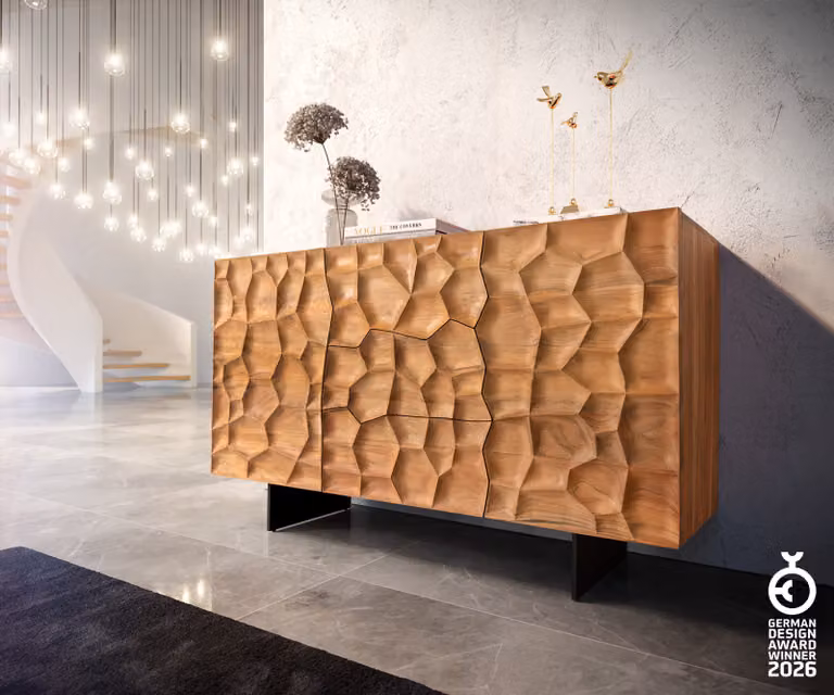 DELIFE Dressoir Solu Acacia Natuur en Zwart Metaal, Breedte: 145 cm, 2 Deuren en 3 Laden met Soft-close