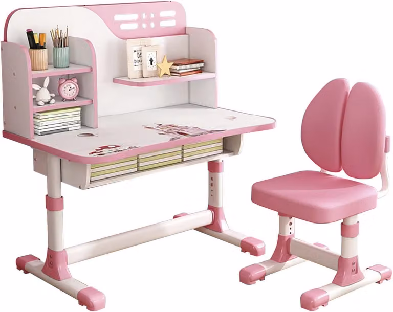 Meisjes Studie Bureau met Stoel Set, Roze Bureau met Verstelbare Hoogte en Opbergruimte voor Kinderen