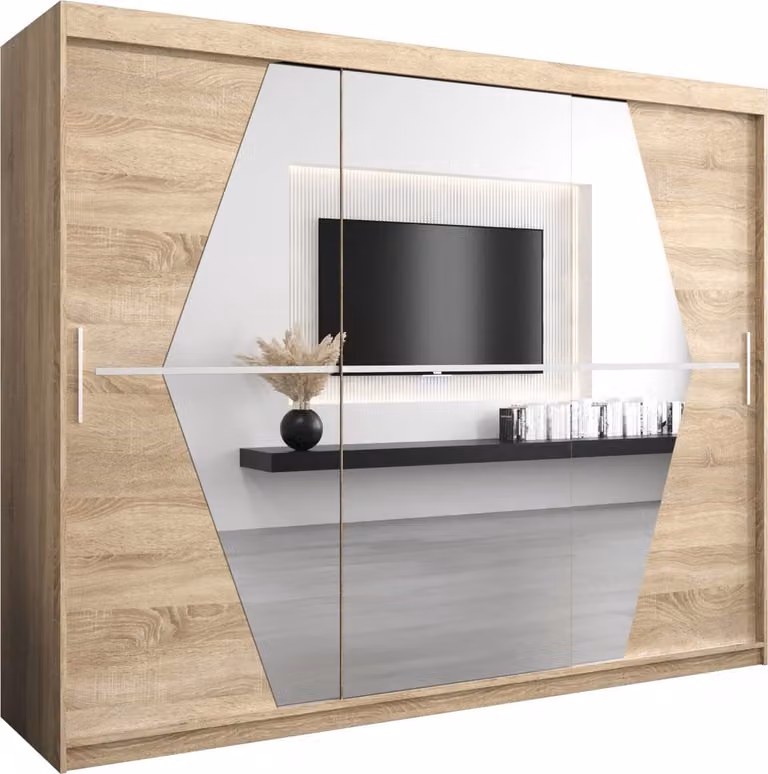 InspireMe BOLA Kledingkast met 3 schuifdeuren, spiegel en 4 lades, Sonoma Eik, B/H/D: 250 x 200 x 62 cm