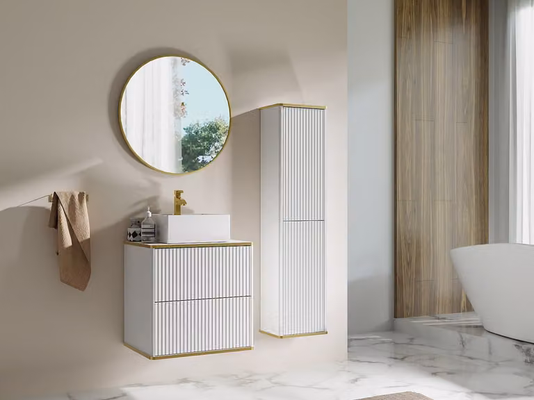 Vente-unique Zwevend geribbeld badkamermeubel met keramische opbouwkom en kolomkast - Wit/Goud - Breedte: 60 cm, Diepte: 47 cm, Hoogte: 64 cm