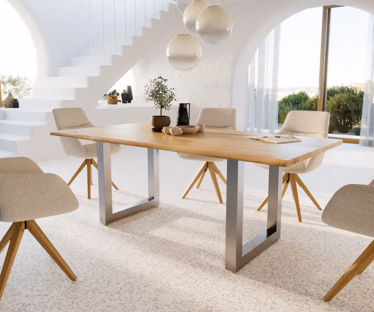 DELIFE Eettafel Edge Live-Edge Eikenhout met RVS Onderstel, Bruin/Zilver, B: 200 cm, D: 100 cm, H: 73,5 cm
