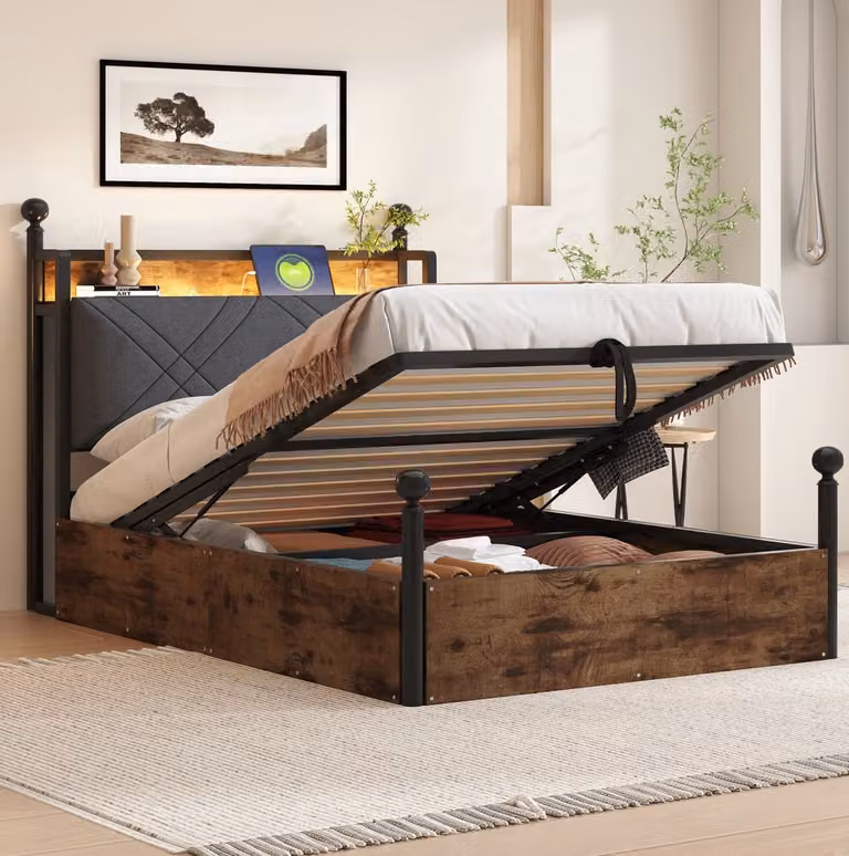 COVREO Hemelbed zwart met opbergruimte en led-verlichting, 90 x 190 cm