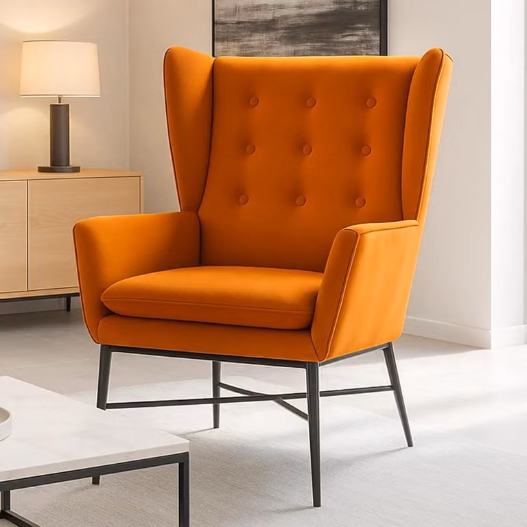 Oranje Fluwelen Fauteuil met Getufte Vleugelrug - Breedte: 73 cm, Diepte: 67.5 cm, Hoogte: 98 cm